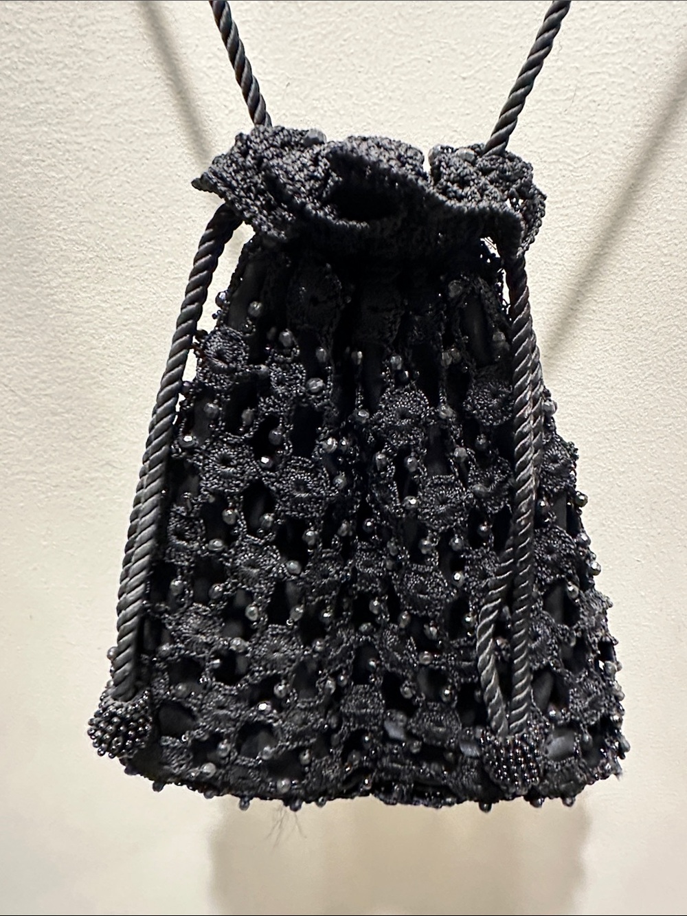 Black Beaded Crochet Drawstring Bag - Women